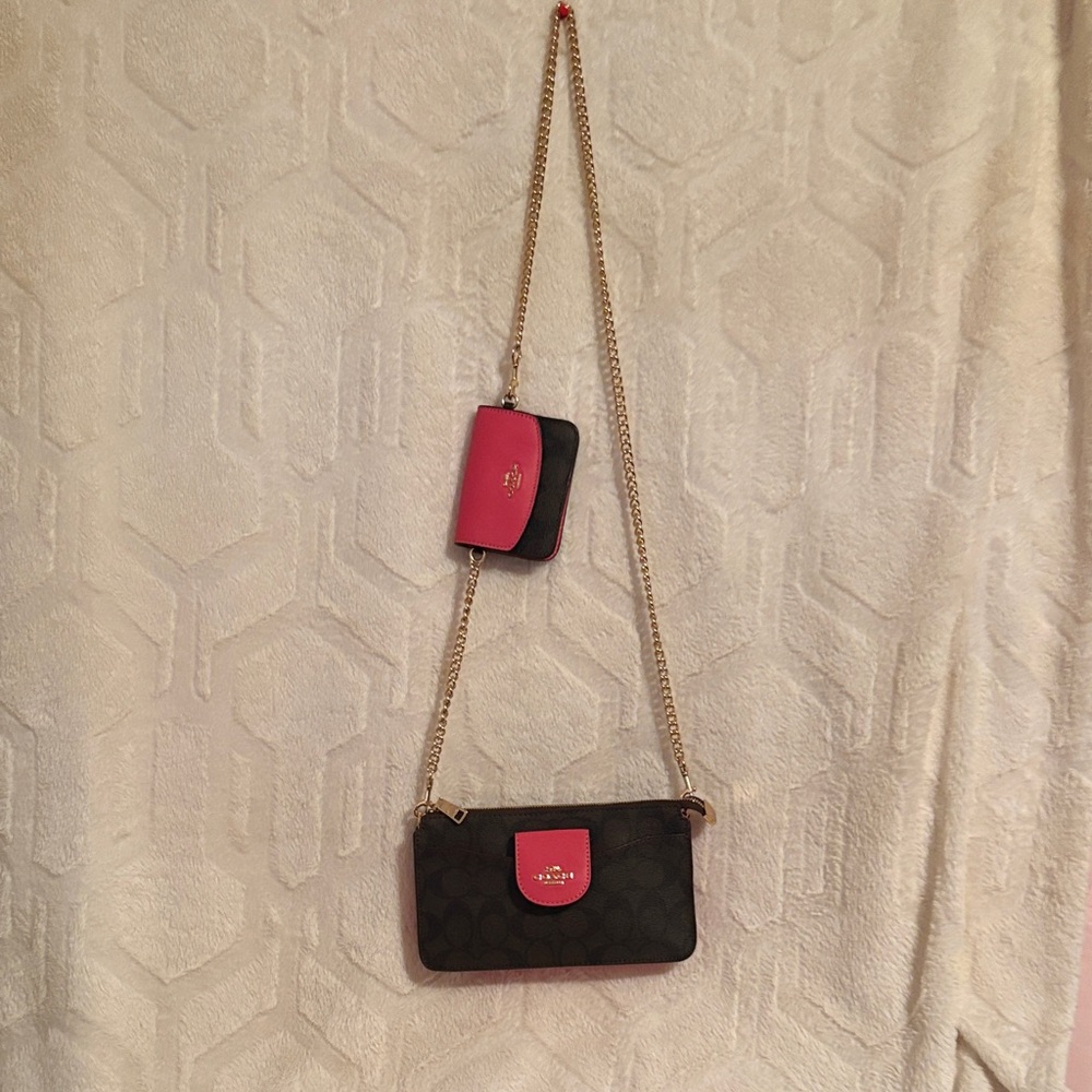 Coach Black and Pink Wristlet with Gold Chain